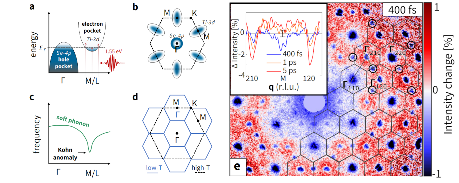 Lattice and electronic properties of excitonic instulator TiSe2. a Illustration of the valence and conduction bands in TiSe2 and the effect of photoexcitation with 1.55 eV light. b Fermi surface contours. c Dispersion of the soft transverse optical mode. d In-plane Brillouin zone in the charge-density (low-T) and room-temperature (high-T) phases. e Change in electron scattering (Bragg and diffuse) at 400 fs shows anomalous diffuse intensity decrease at the soft-phonon wavevector.